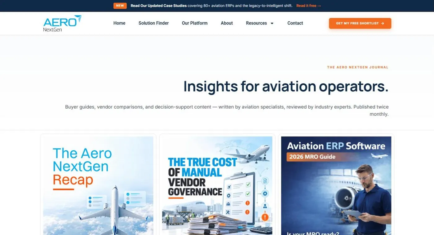 The Insights for aviation operators blog index, with featured posts The Aero NextGen Recap, The True Cost of Manual Vendor Governance and Aviation ERP Software 2026 MRO Guide