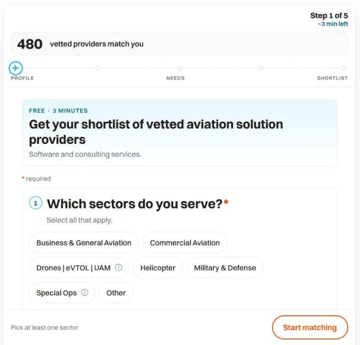 The Aero NextGen Solution Finder quiz: step 1 of 5, 480 vetted providers match you, with sector options for business and general aviation, commercial aviation, drones and eVTOL, helicopter and military and defense