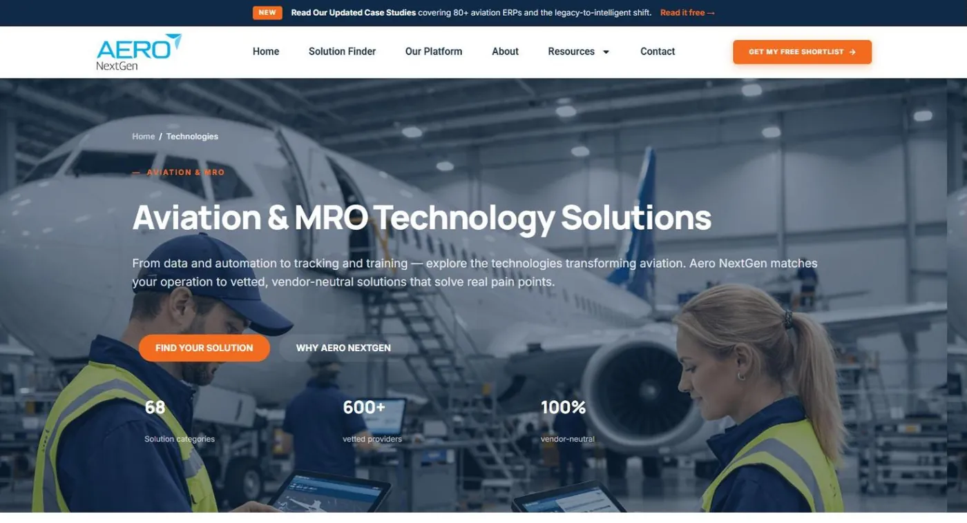 The Aviation and MRO Technology Solutions page banner with 68 solution categories, 600+ vetted providers and 100 percent vendor-neutral