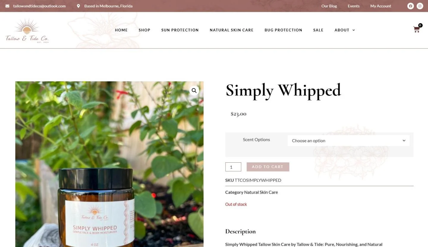 The Simply Whipped product page: an amber jar of Simply Whipped gentle face and body moisturizer photographed among green garden leaves, beside the product title, a Scent Options selector, quantity box, Add to cart button, SKU and category