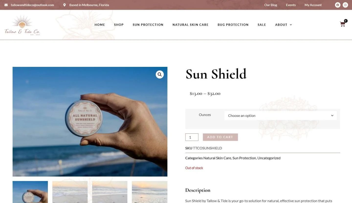 The Sun Shield product page: a hand holds a tin of All Natural Sunshield above the shoreline, with beach photo thumbnails below, beside the Sun Shield title, an Ounces selector and an Add to cart button