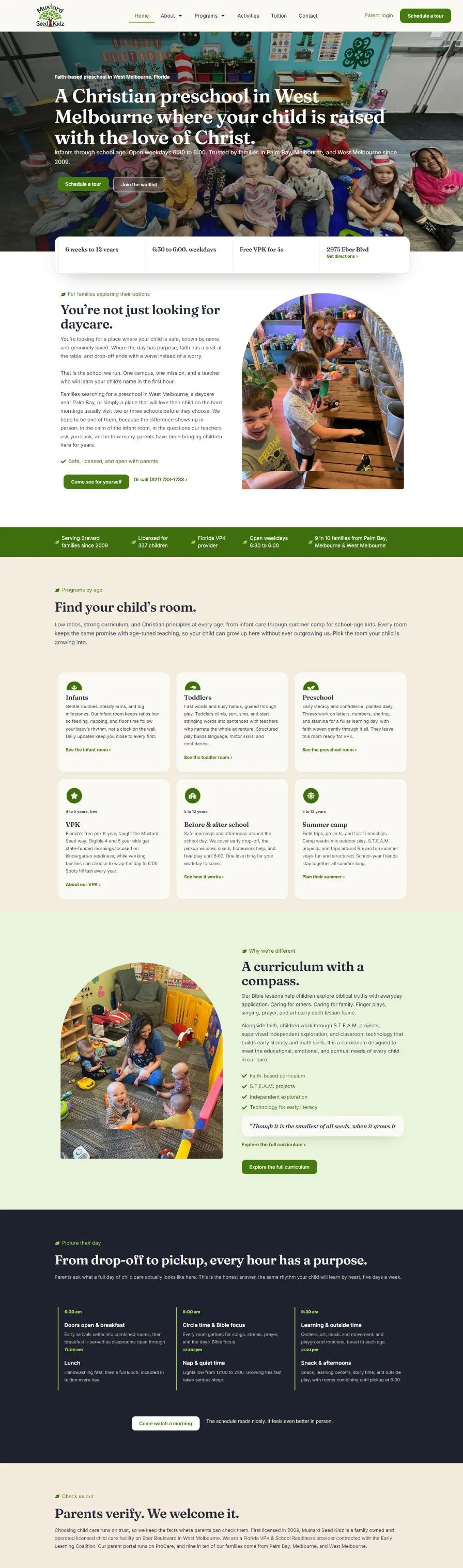 The Mustard Seed Kidz homepage: a classroom photo hero, a You are not just looking for daycare section with an arched photo, a green trust bar, Find your child's room program cards, A curriculum with a compass section, an hour by hour day schedule on a navy band and a Parents verify section