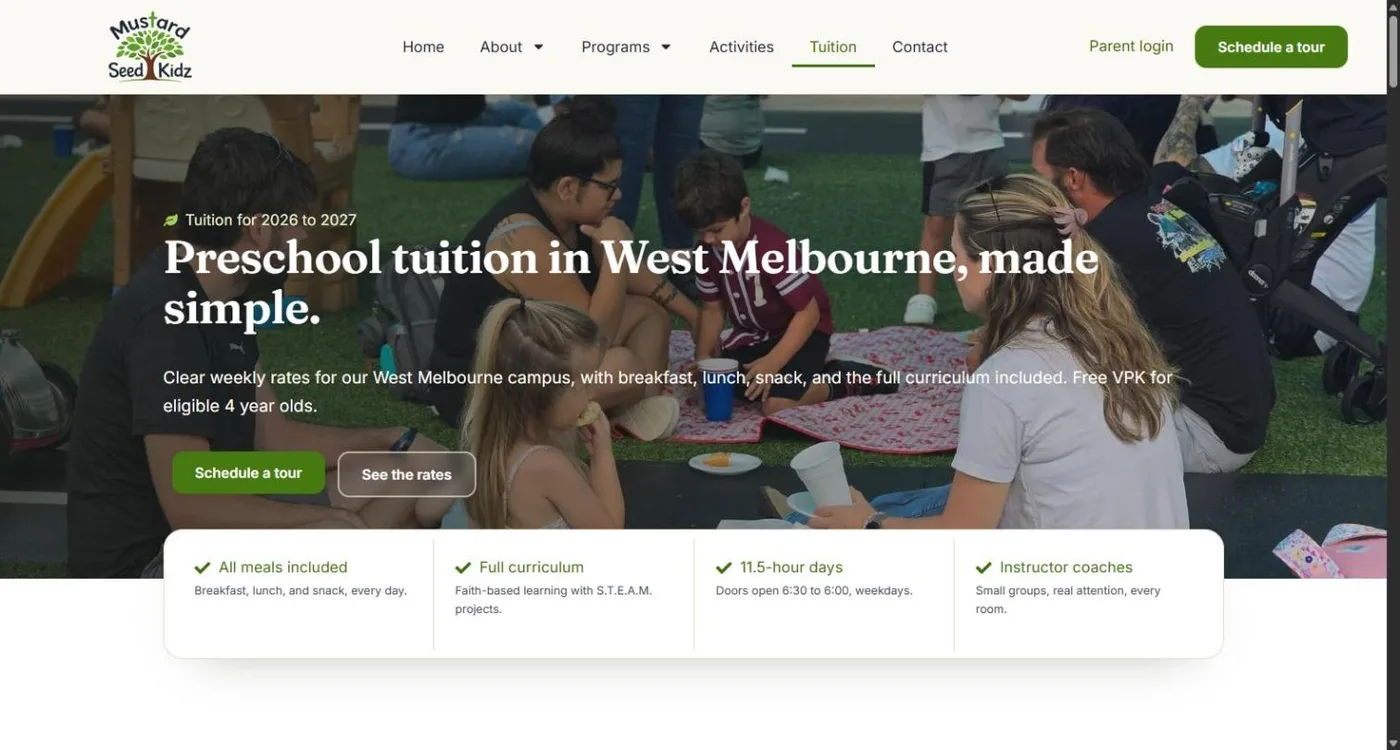 The Mustard Seed Kidz tuition page: families picnicking on the playground behind the headline Preschool tuition in West Melbourne, made simple, with cards for all meals included, full curriculum, 11.5 hour days and instructor coaches