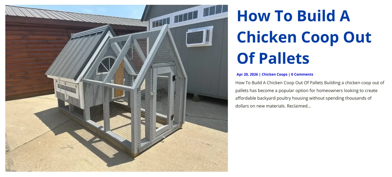 A Hartville Outdoor Products blog post titled How To Build A Chicken Coop Out Of Pallets, with a photo of a grey coop on the sales lot