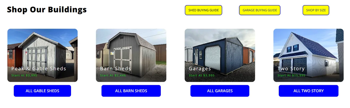 The Shop Our Buildings section of the Hartville Outdoor Products homepage with Peak and Gable Sheds, Barn Sheds, Garages and Two Story buildings