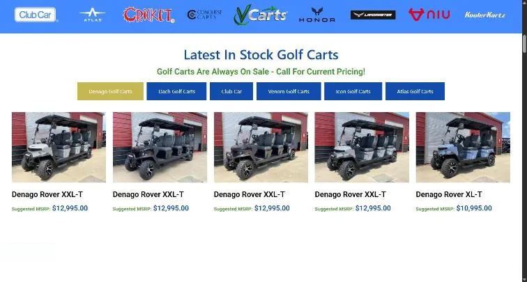 The homepage Latest In Stock Golf Carts section with brand tabs for Denago, Dach, Club Car, Venom, Icon and Atlas, and a row of Denago Rover carts with suggested MSRP