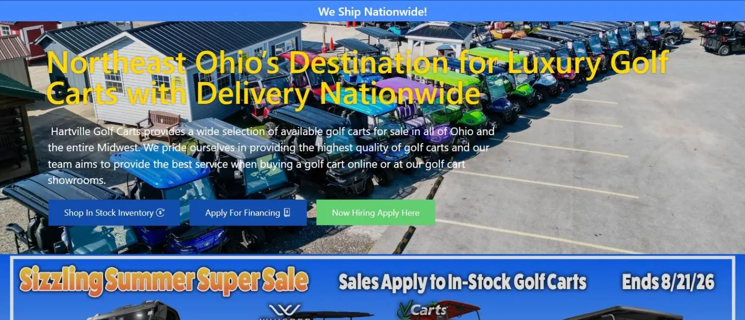 The Hartville Golf Carts homepage: rows of colorful golf carts on the lot under the headline Northeast Ohio's Destination for Luxury Golf Carts with Delivery Nationwide