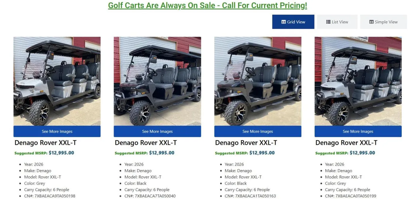The grid view of in-stock carts: four Denago Rover XXL-T cards with photos, See More Images buttons, suggested MSRP and spec lists