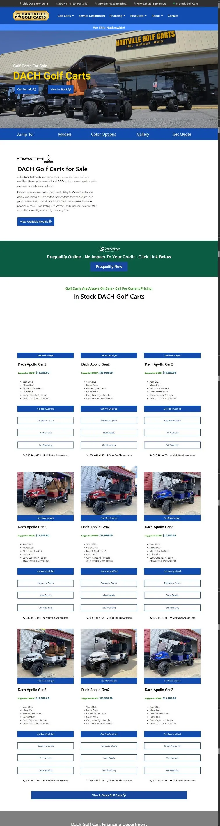 The Dach Golf Carts make page: hero photo of Dach carts outside the Hartville Golf Carts store, Jump To bar, Dach logo and intro, prequalify band and a grid of in-stock Dach Apollo carts