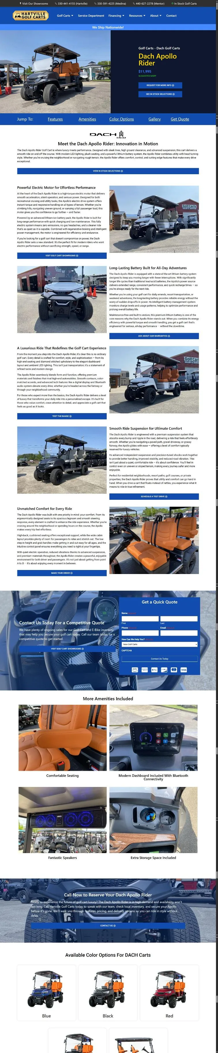 The Dach Apollo Rider model page: split hero with $11,995 suggested MSRP, Jump To bar, alternating feature rows with photos and buttons, a quick quote form, an amenities grid and color options