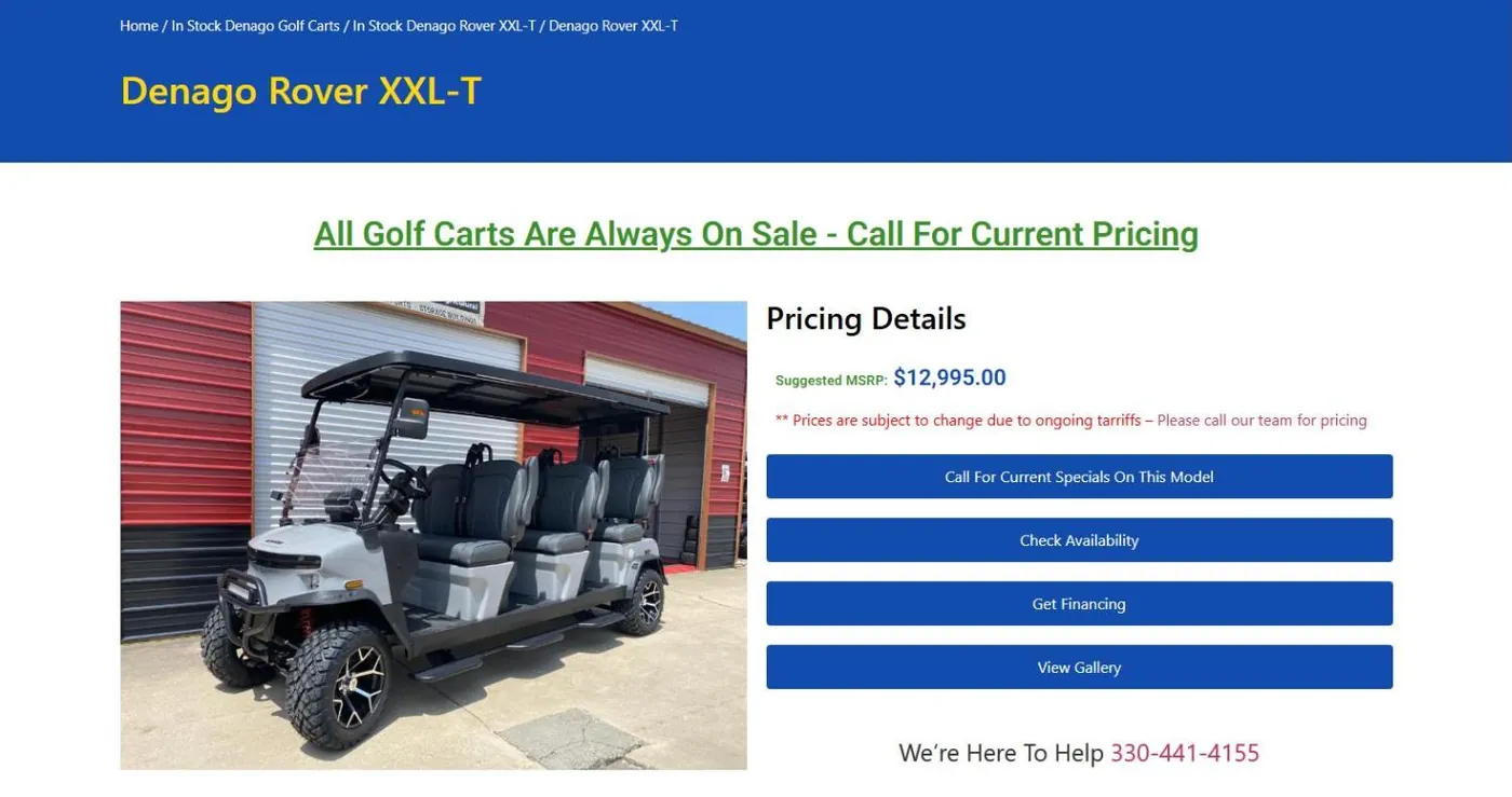 The product pricing block: suggested MSRP of $12,995 with buttons for Call For Current Specials, Check Availability, Get Financing and View Gallery