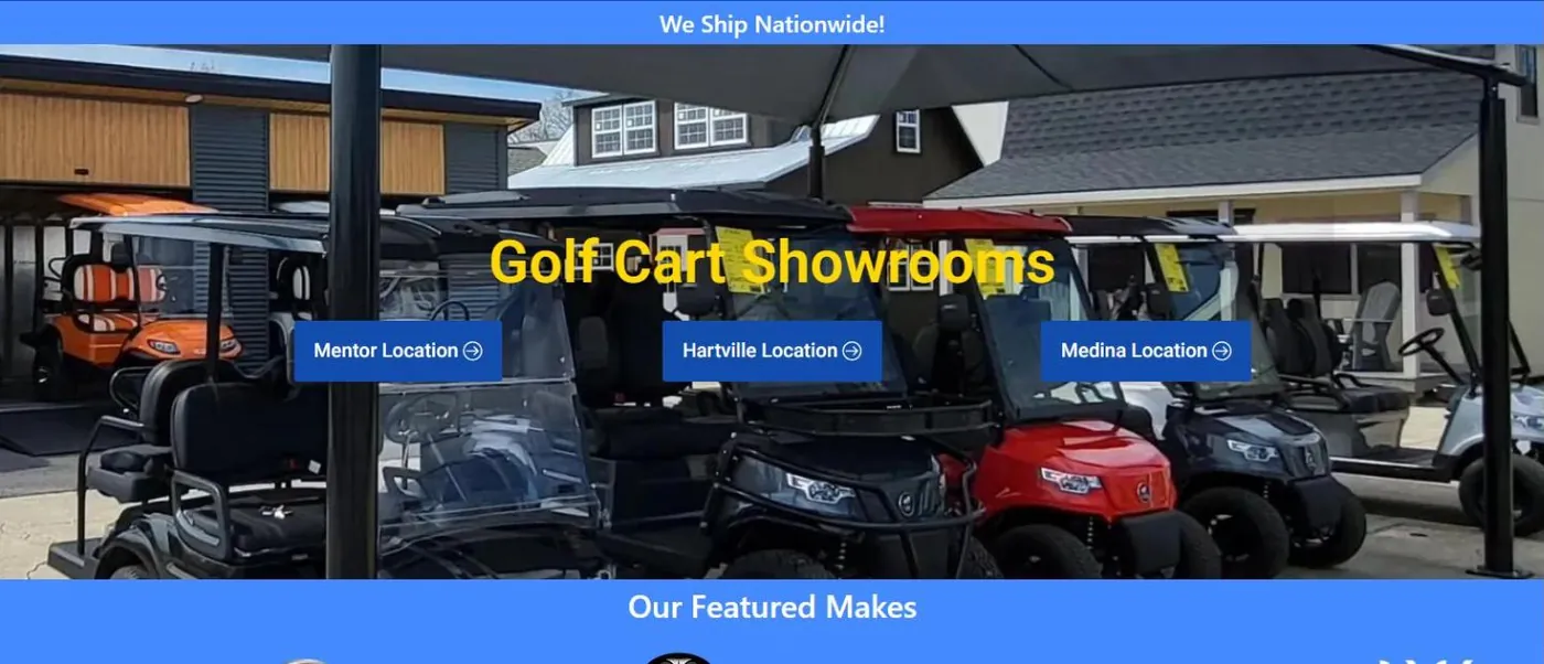 The Hartville Golf Carts showrooms page: golf carts parked under a shade canopy at the dealership, with buttons for the Mentor, Hartville and Medina locations