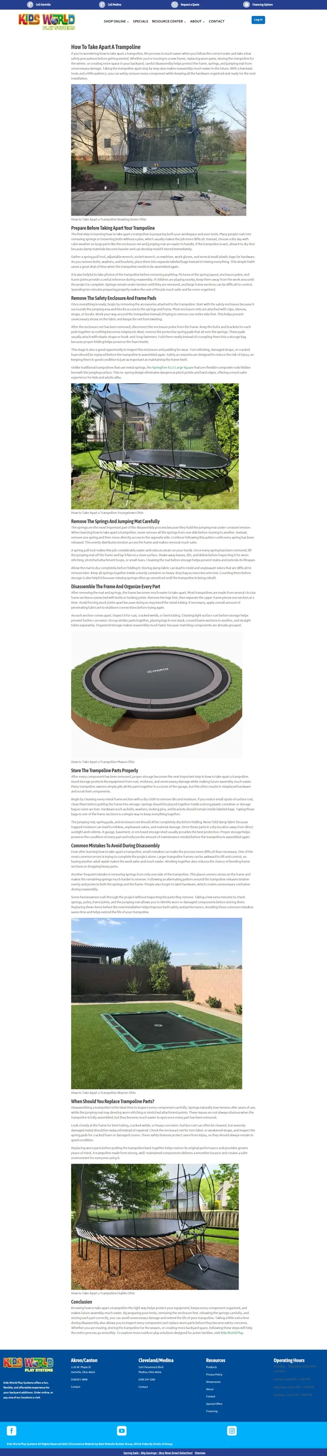Full-length screenshot of the How To Take Apart A Trampoline article, with step sections and trampoline photos captioned with Ohio cities