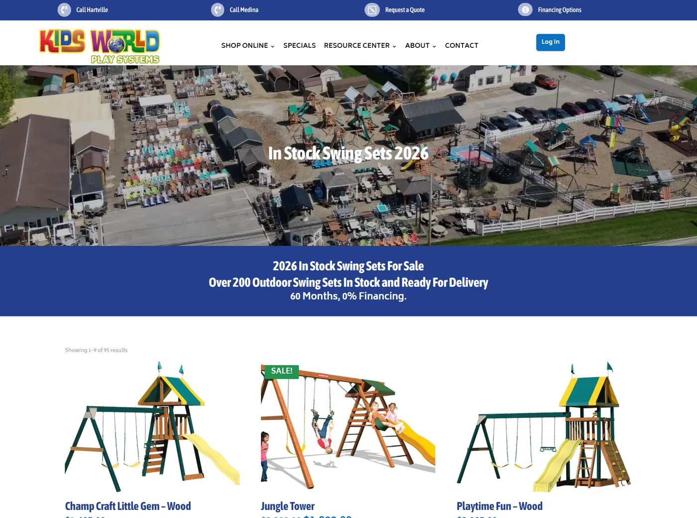 The In Stock Swing Sets 2026 category page: aerial photo of the swing set lot, a band reading Over 200 Outdoor Swing Sets In Stock and Ready For Delivery with 60 Months 0% Financing, and the first row of priced products