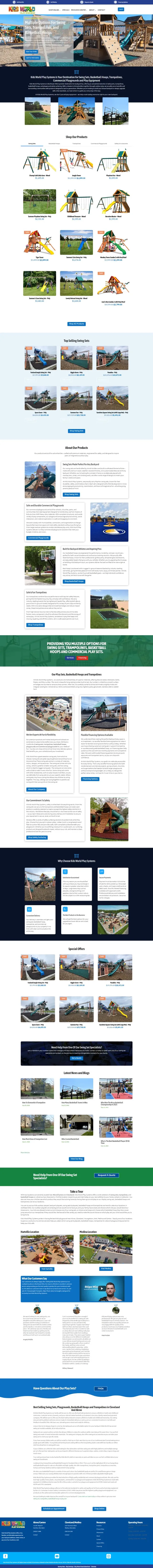 Full-length screenshot of the Kids World Play Systems homepage: product tabs, top selling swing sets, split content sections, specials, latest articles, showroom tour, locations and reviews