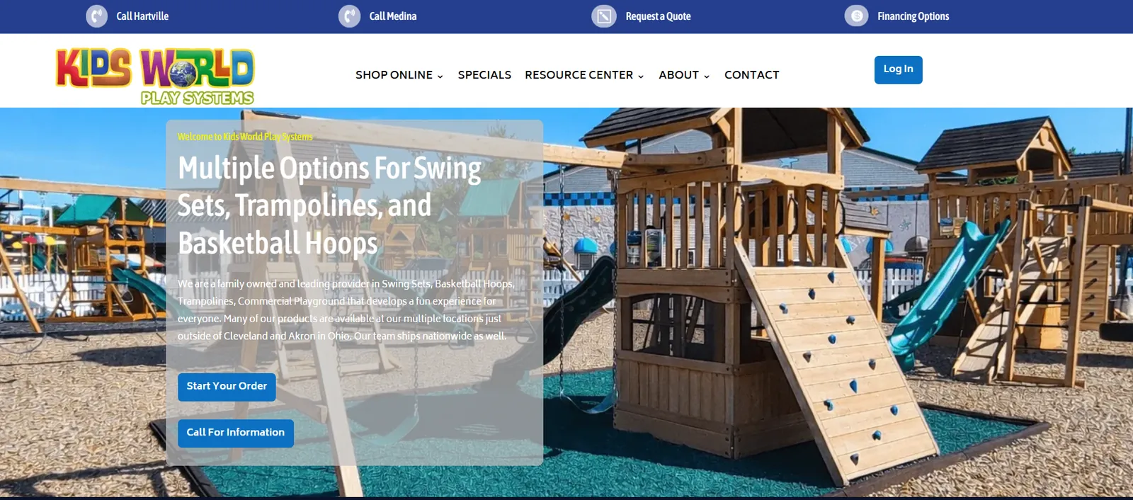 The Kids World Play Systems homepage: a wooden playset with a climbing wall and slide under the headline Multiple Options For Swing Sets, Trampolines, and Basketball Hoops