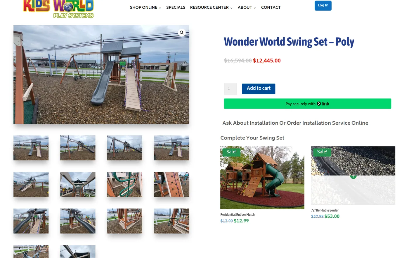 The Wonder World Swing Set Poly product page: sale price of $12,445 down from $16,594, Add to cart and express pay buttons, and a Complete Your Swing Set add-on section