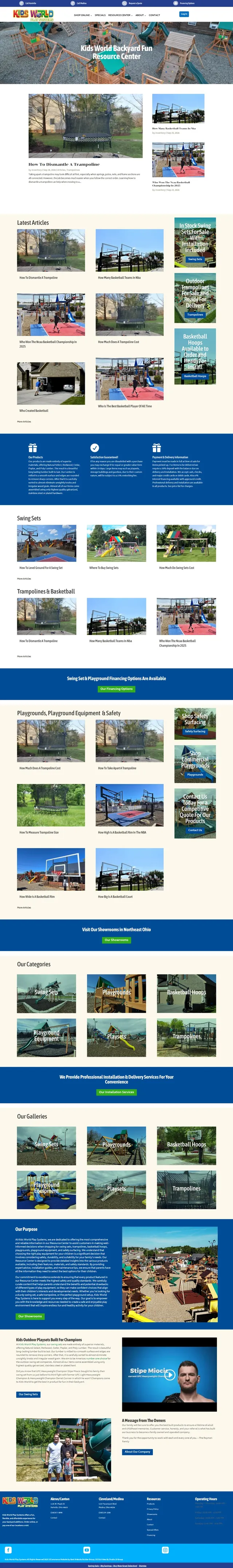Full-length screenshot of the Backyard Fun Resource Center: featured article, latest articles, groups for swing sets, trampolines and basketball, playground safety, categories, galleries and the owners' message