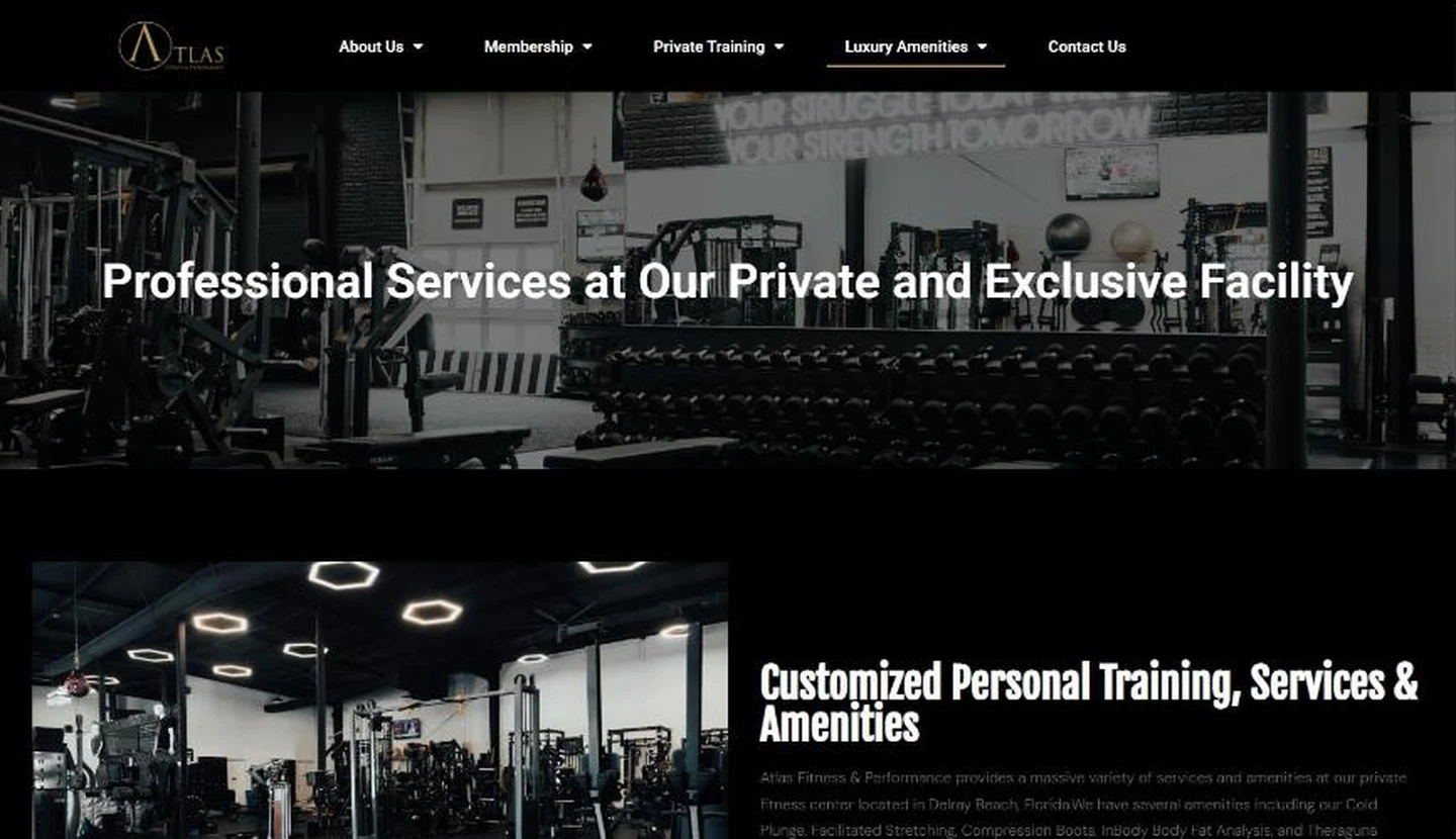 The Atlas luxury amenities page: a dark photo of the training floor with racks, dumbbells and a neon wall sign, under the headline Professional services at our private and exclusive facility, followed by a gym photo lit by hexagon lights and a section on customized personal training, services and amenities