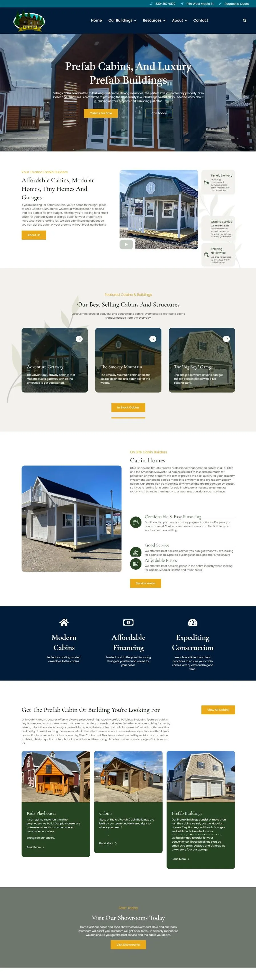 The Ohio Cabins and Structures homepage: tiny home hero, a cream Your Trusted Cabin Builders section with a cabin photo and feature cards, Our Best Selling Cabins And Structures cards, a Cabin Homes split with financing and service icons, a navy band of Modern Cabins, Affordable Financing and Expediting Construction, forest green building category cards and a Visit Our Showrooms Today band