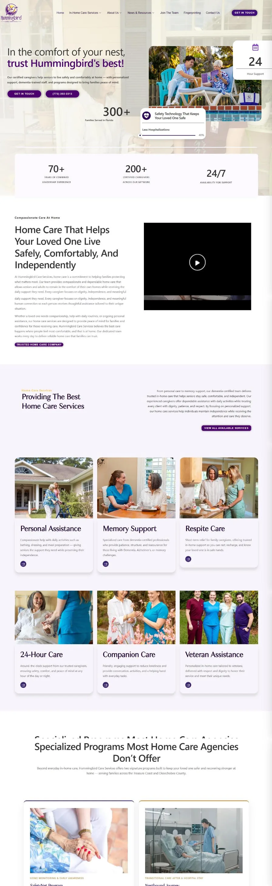 The Hummingbird Care Services homepage: the porch hero, a stats band of 70+ years of leadership, 200+ certified caregivers and 24/7 support, a compassionate care at home section with video, service cards for personal assistance, memory support, respite, 24 hour, companion and veteran care, and the specialized SafetyNet and Nestbound Journey programs