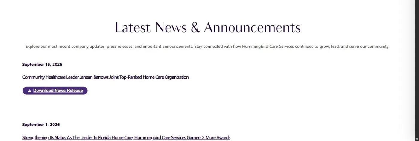 The Hummingbird Care Services News Releases page: a Latest News and Announcements heading over dated company releases, each with a Download News Release button