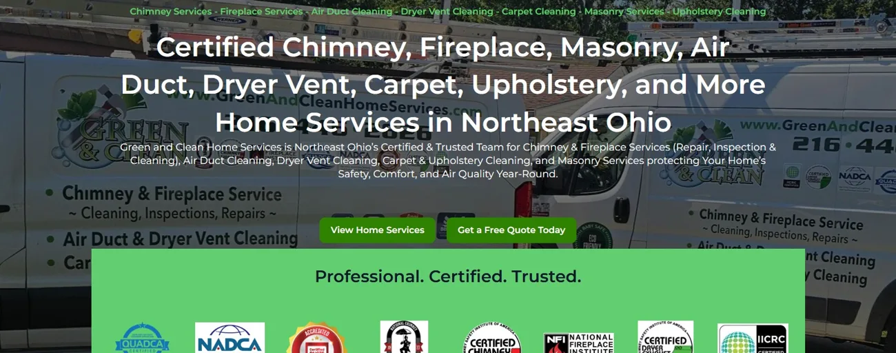 The Green and Clean homepage banner with service buttons above the Professional. Certified. Trusted. band of NADCA, CSIA and other certification badges