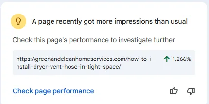 Google Search Console recommendation: the how to install dryer vent hose in tight space page got 1,266 percent more impressions than usual