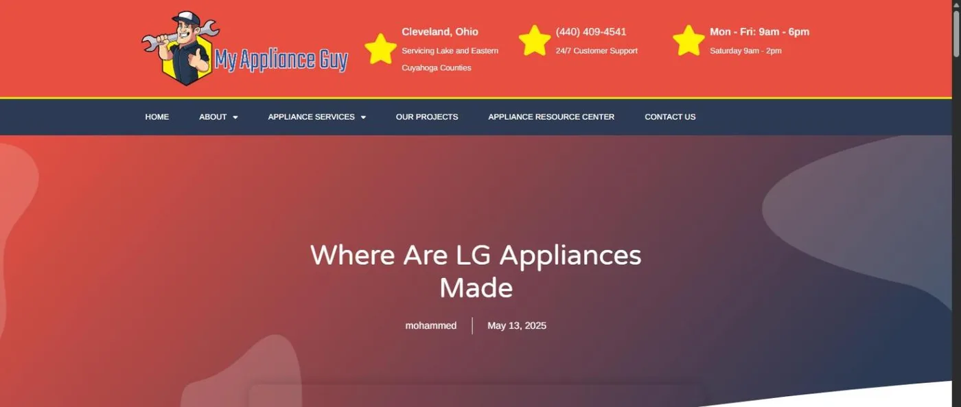 The Where Are LG Appliances Made article header on my-applianceguy.com, published May 13, 2025, with a red to navy gradient banner
