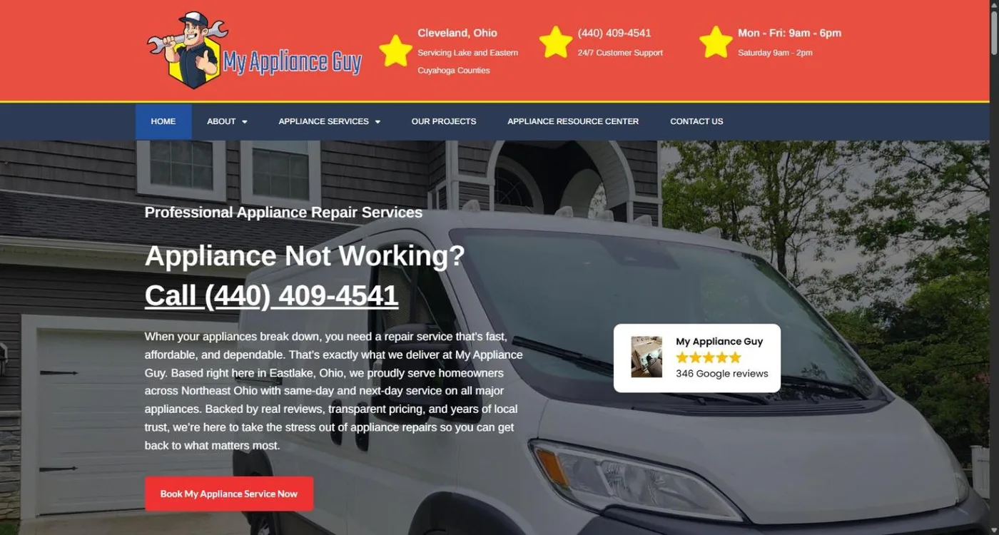 The My Appliance Guy homepage: red header with the mascot logo, Cleveland Ohio location, phone number and hours, above a hero photo of the service van with the headline Appliance Not Working? Call (440) 409-4541 and a 346 Google reviews badge
