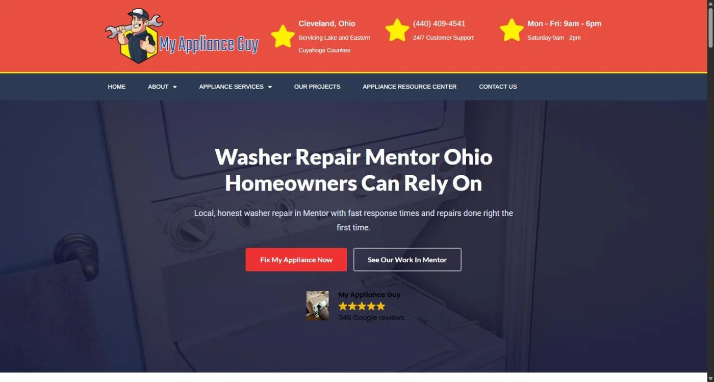 The Washer Repair Mentor Ohio page: a dark hero over a photo of a stacked washer, with Fix My Appliance Now and See Our Work In Mentor buttons and a 346 Google reviews badge
