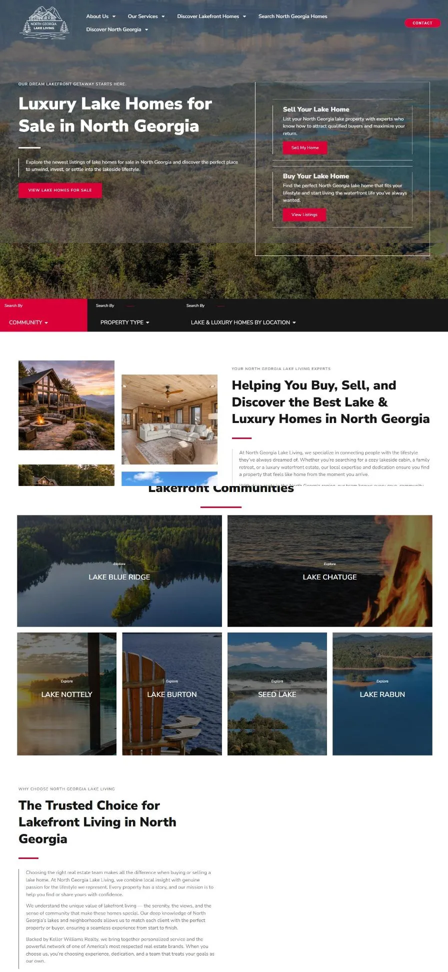 The North Georgia Lake Living homepage: a mountain lake hero with sell and buy panels, a search bar by community, property type and location, a team section with lake photos, Lakefront Communities tiles for Lake Blue Ridge, Lake Chatuge, Lake Nottely, Lake Burton, Seed Lake and Lake Rabun, and a Trusted Choice section