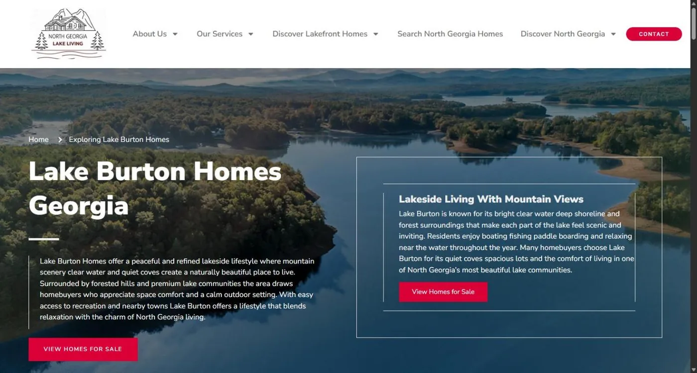 The Lake Burton Homes Georgia page: an aerial photo of the lake and mountains behind the headline, an intro on lakeside living, and a Lakeside Living With Mountain Views panel with a View Homes for Sale button