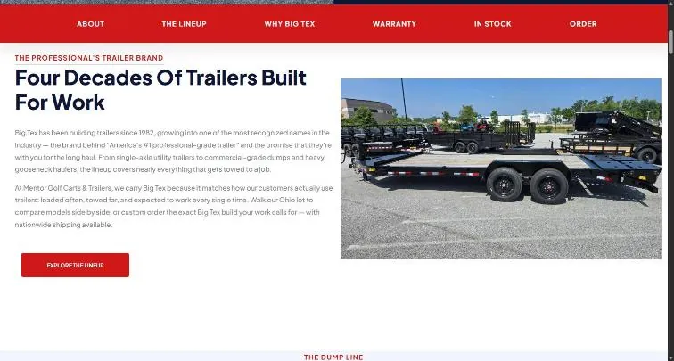 The Big Tex brand page story section, Four Decades Of Trailers Built For Work, beside a photo of a Big Tex equipment trailer on the lot