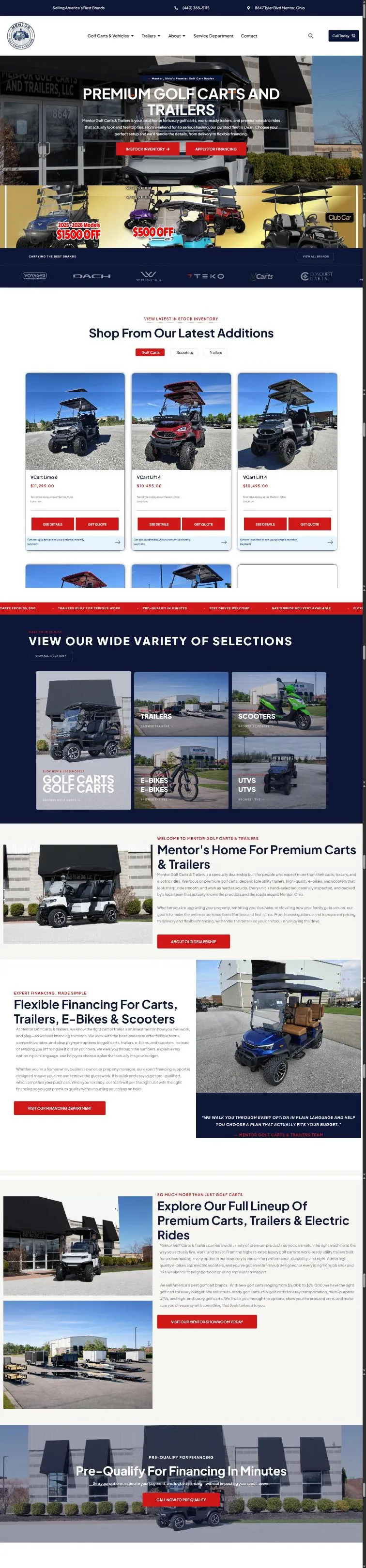 The Mentor homepage: banner, sale graphic, brand bar, in-stock inventory tabs, product line photo tiles, dealership and financing split sections, and a prequalify band