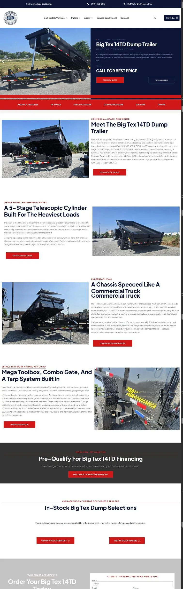 The Big Tex 14TD Dump Trailer model page: split hero with Call For Best Price, red jump bar, alternating feature sections on the cylinder, chassis and toolbox, a financing band and in-stock selections