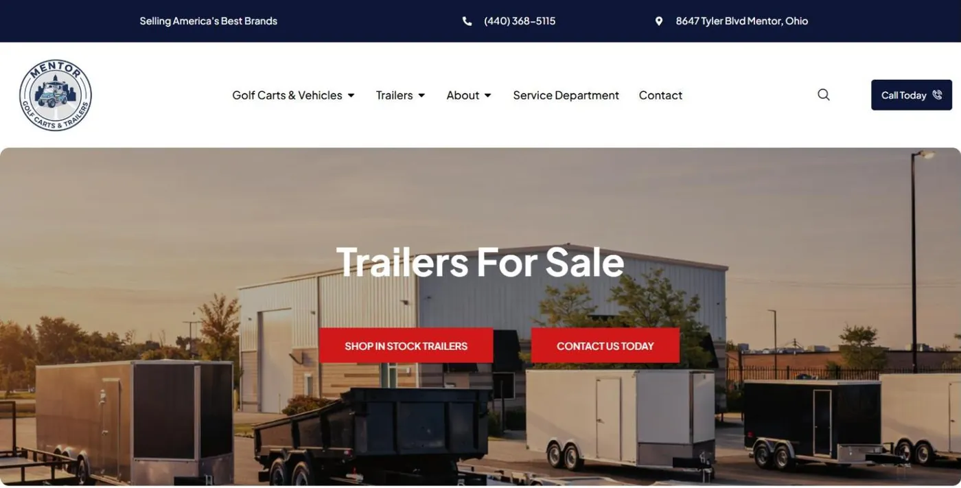 The Trailers For Sale hub banner: enclosed, dump and cargo trailers lined up outside the dealership at sunset, with Shop In Stock Trailers and Contact Us Today buttons