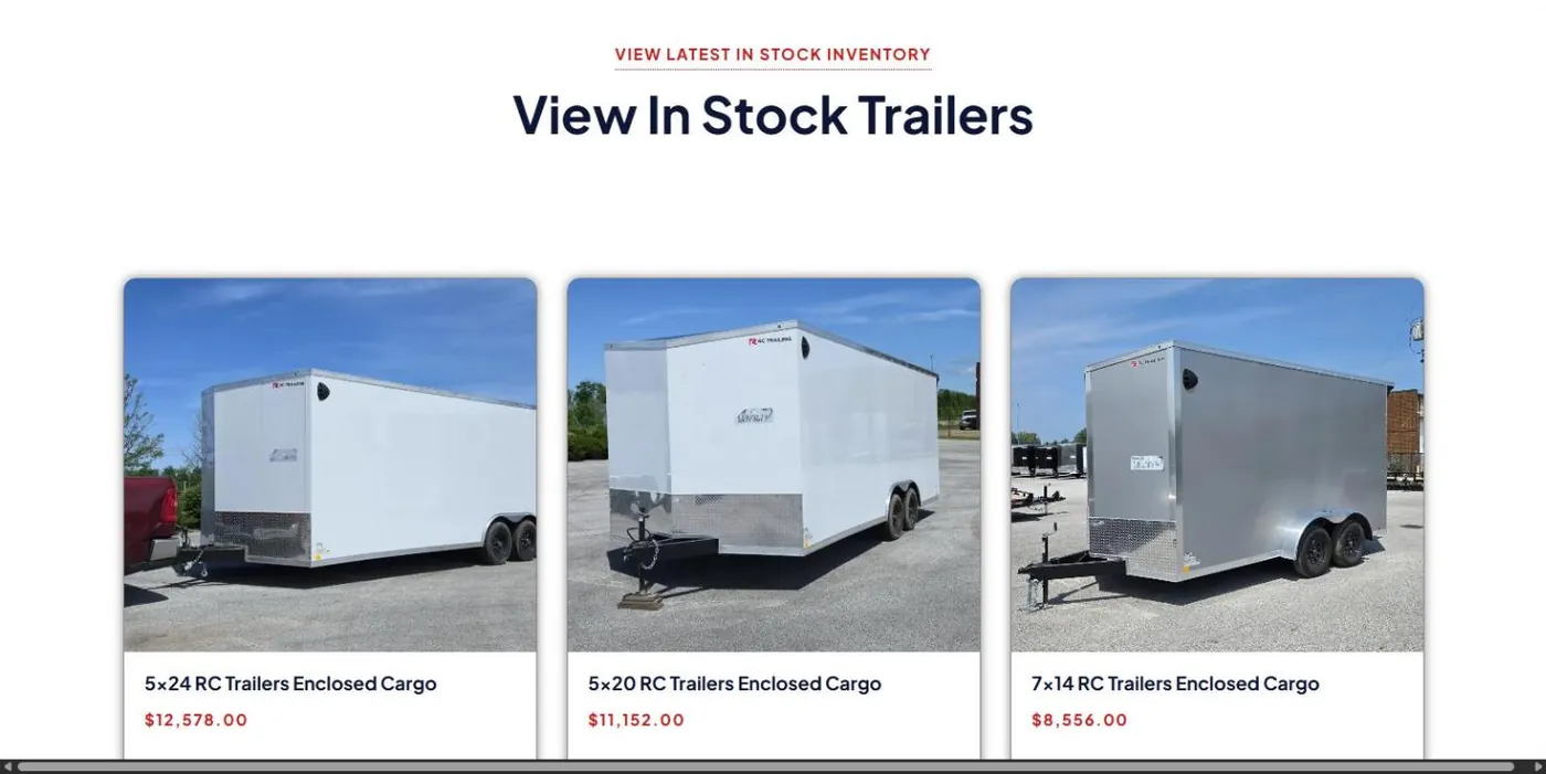 The View In Stock Trailers section: RC Trailers enclosed cargo trailers in 5x24, 5x20 and 7x14 sizes with prices