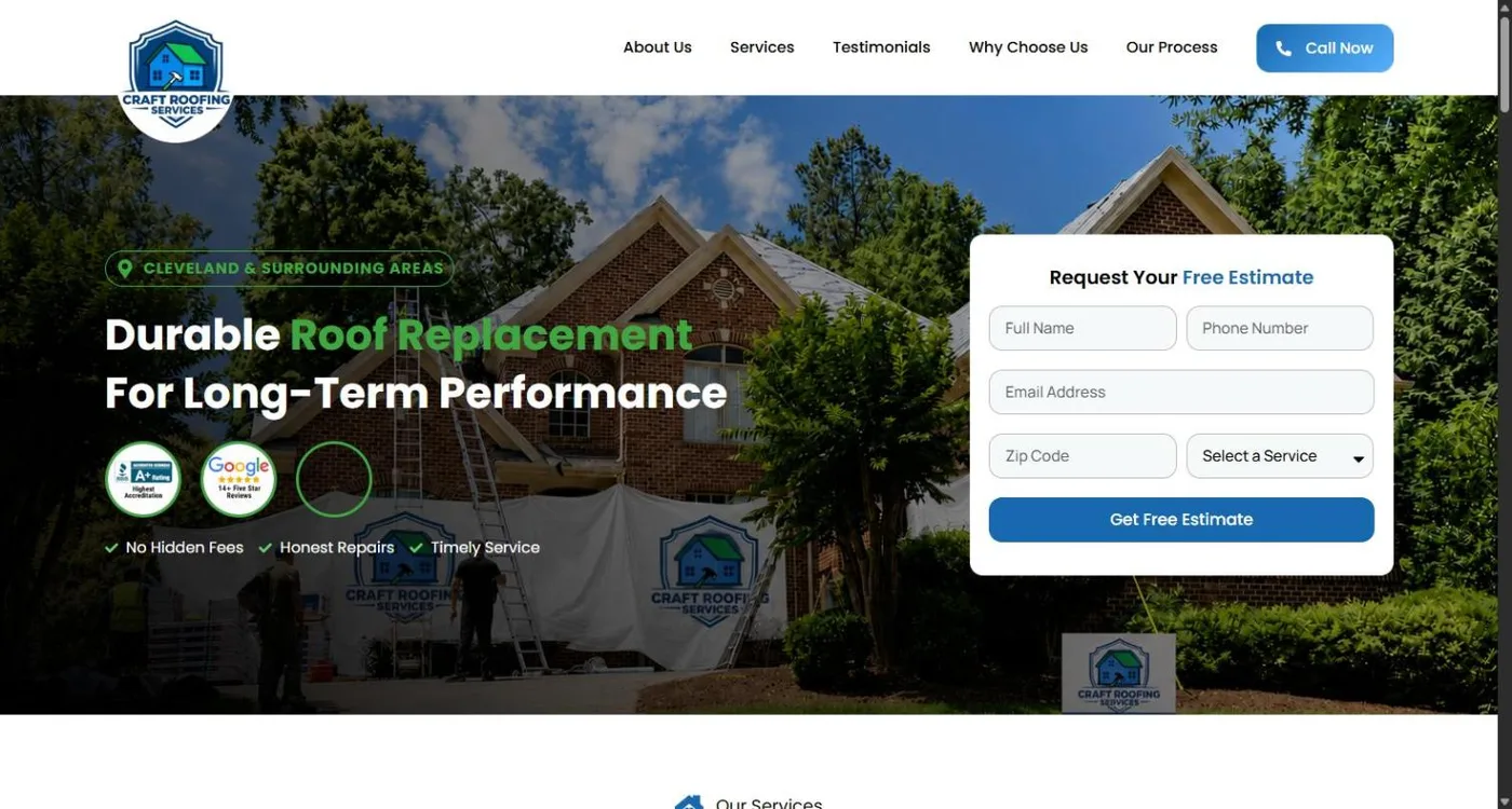 The Durable Roof Replacement For Long-Term Performance paid search landing page: a crew working on a brick home behind the headline, BBB and Google badges, and a Request Your Free Estimate form