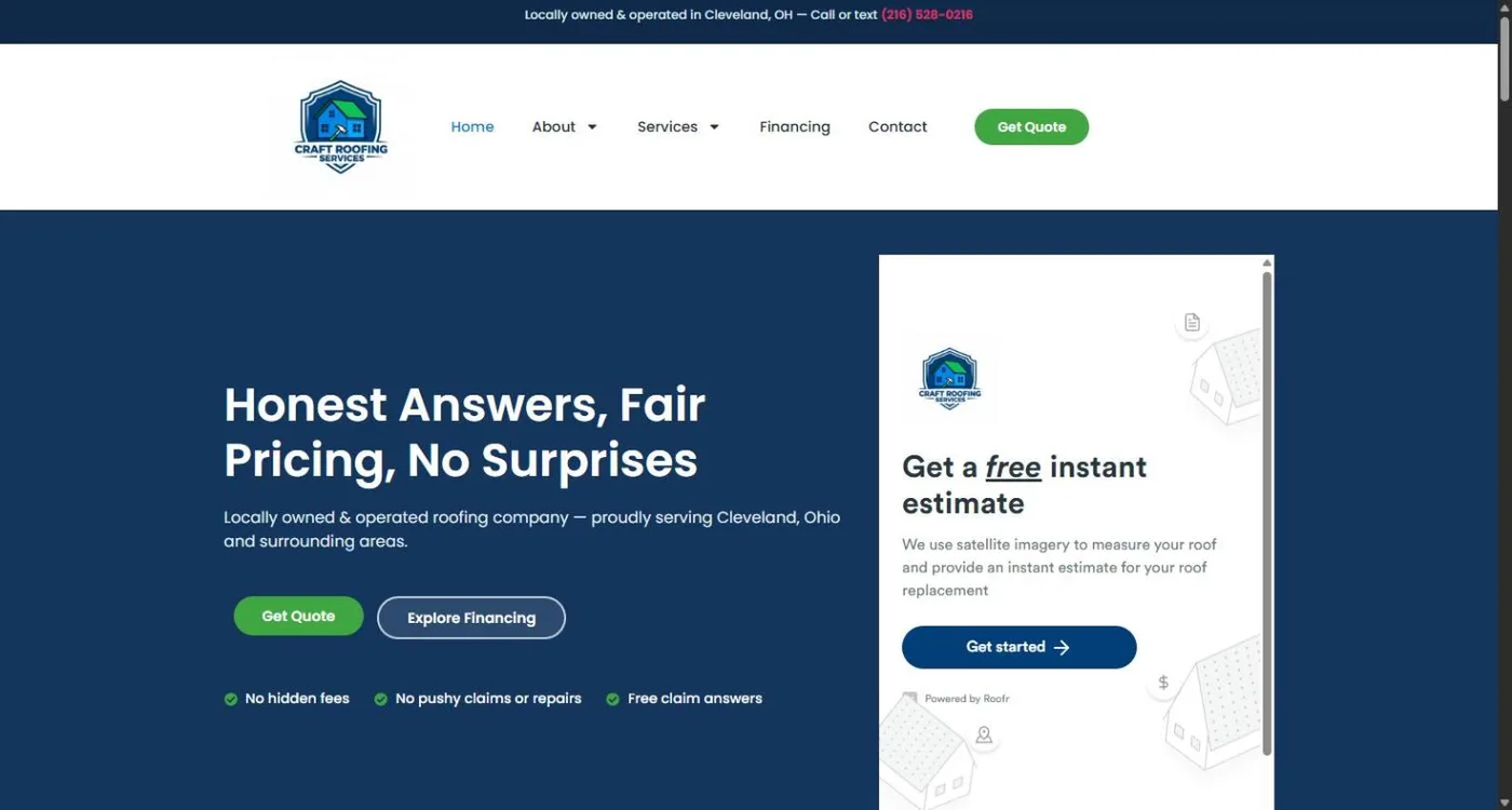 The Craft Roofing Services homepage: a navy hero with the headline Honest Answers, Fair Pricing, No Surprises, green Get Quote and Explore Financing buttons, and a Roofr instant estimate panel that measures the roof by satellite